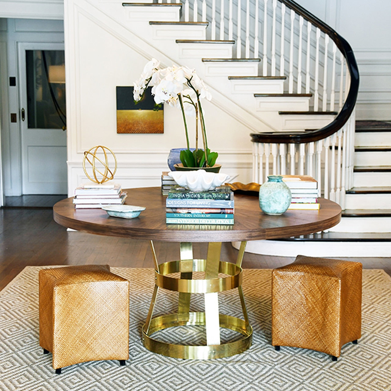 Worlds Away Cannon Dining Table, Antique Brass