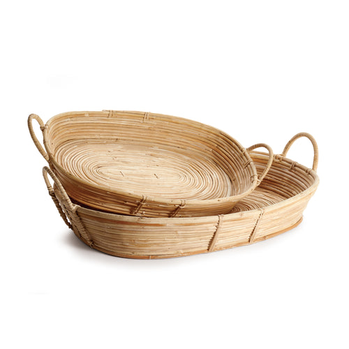 Cane Rattan Trays With Handles, Set Of 2