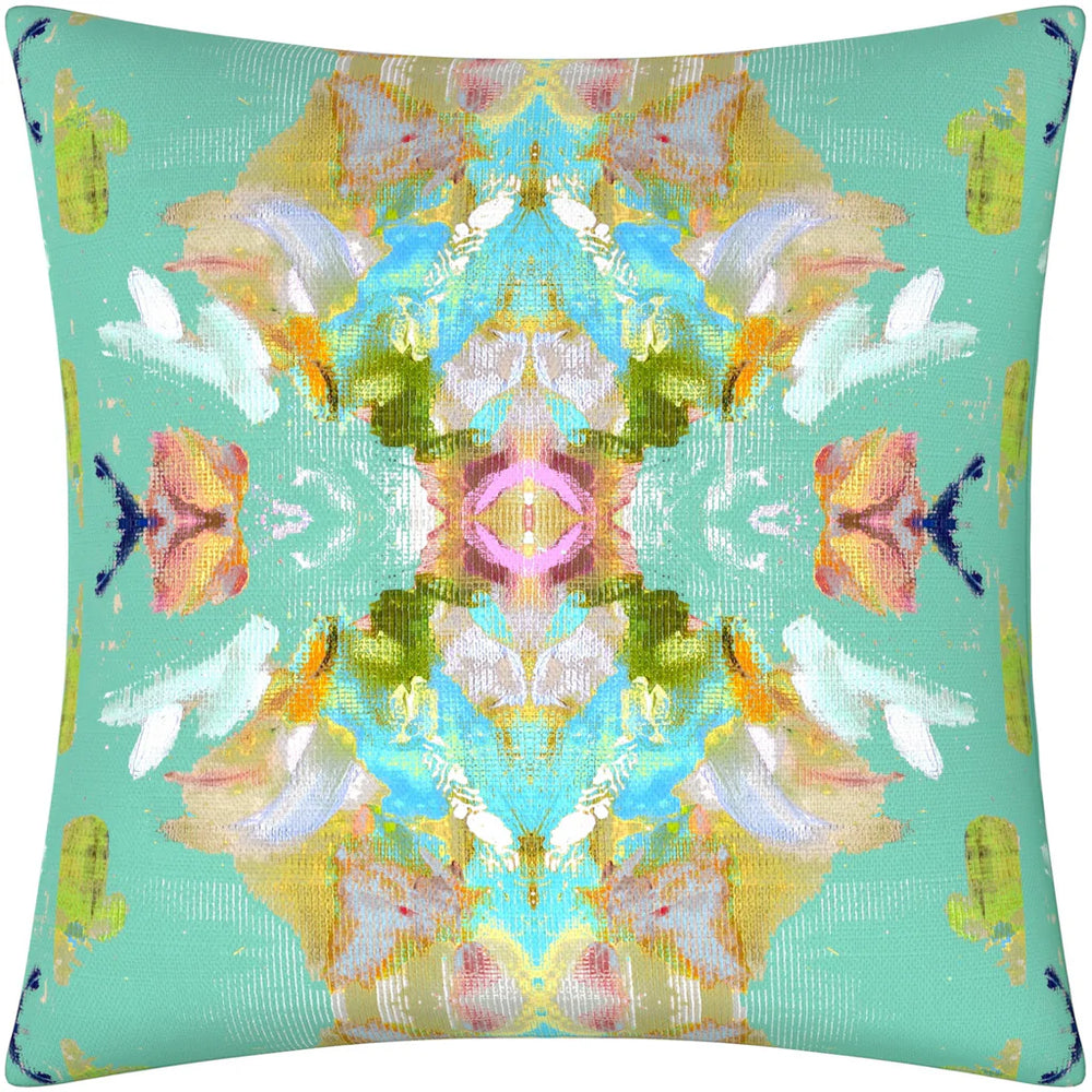 Stained Glass Turquoise Linen Cotton Pillow by Laura Park