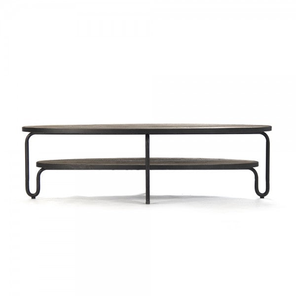 Zentique Alberta Oval Coffee Table Weathered Elm, Distressed Grey Metal