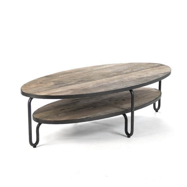 Zentique Alberta Oval Coffee Table Weathered Elm, Distressed Grey Metal