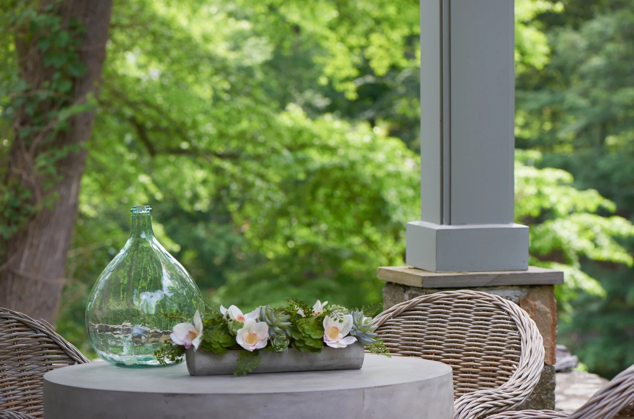 Diane James Echeveria and Orchids in Cement Planter