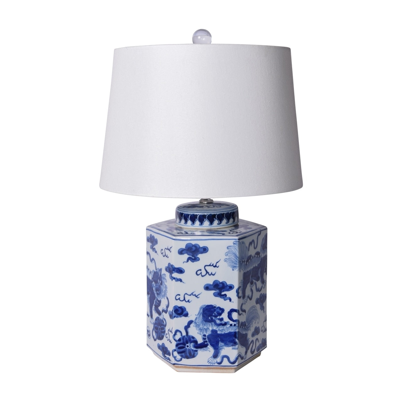 Blue & White Porcelain Lion Hexagonal Tea Jar Lamp by Legend of Asia