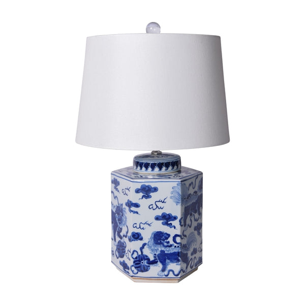 Blue & White Porcelain Lion Hexagonal Tea Jar Lamp by Legend of Asia