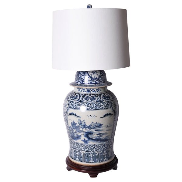 Blue & White Porcelain Floral Landscape Medallion Temple Jar Lamp by Legend of Asia