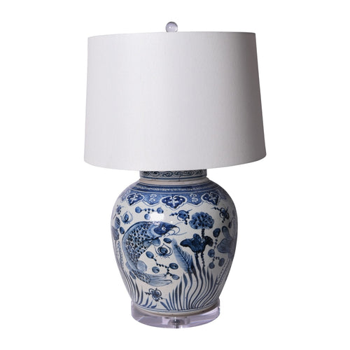 Blue and White Porcelain Table Lamp With Ancestor Fish Design by Legend of Asia