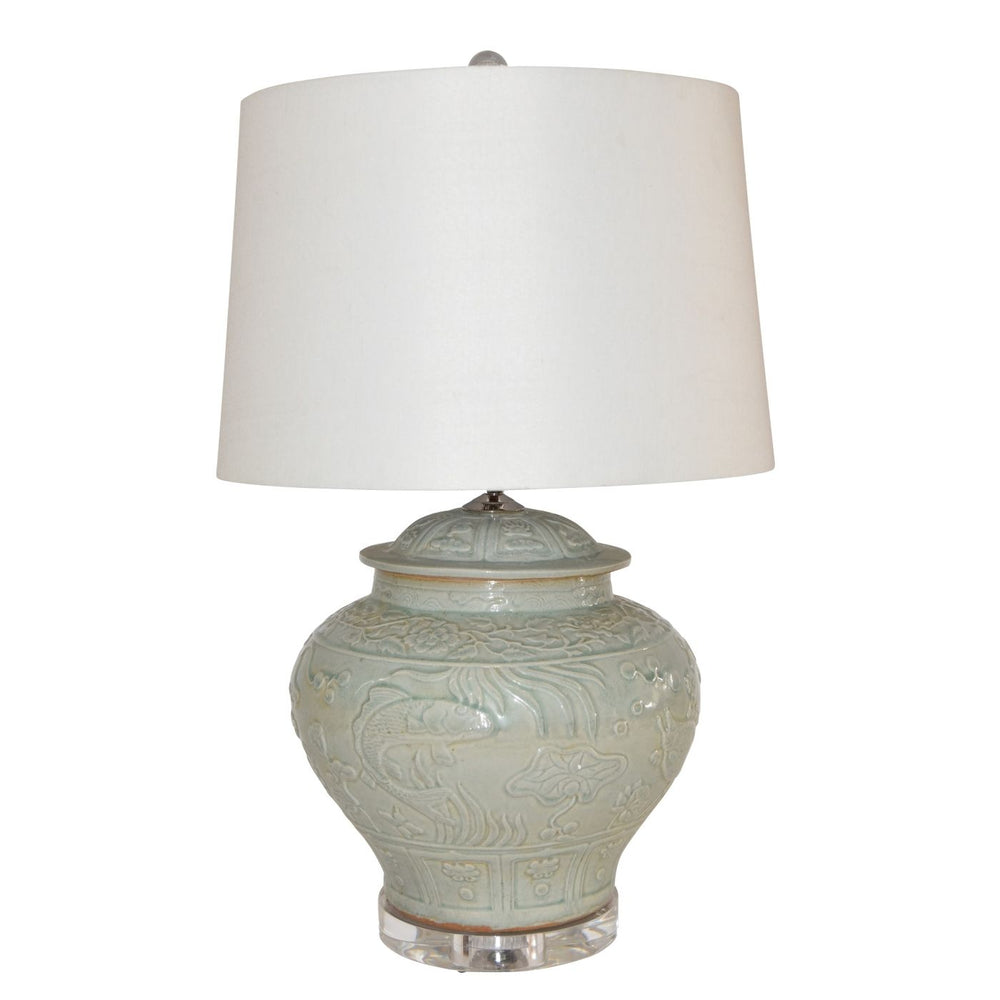 Sage Green Embossed Fish Porcelain Ginger Jar Lamp By Legends Of Asia