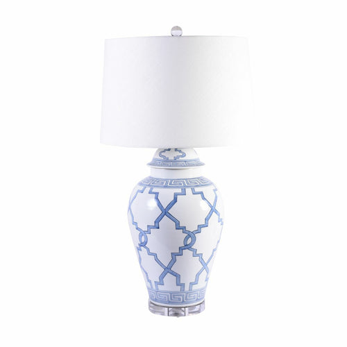 Legend of Asia Blue & White Porcelain Greek Key Grids Lamp
