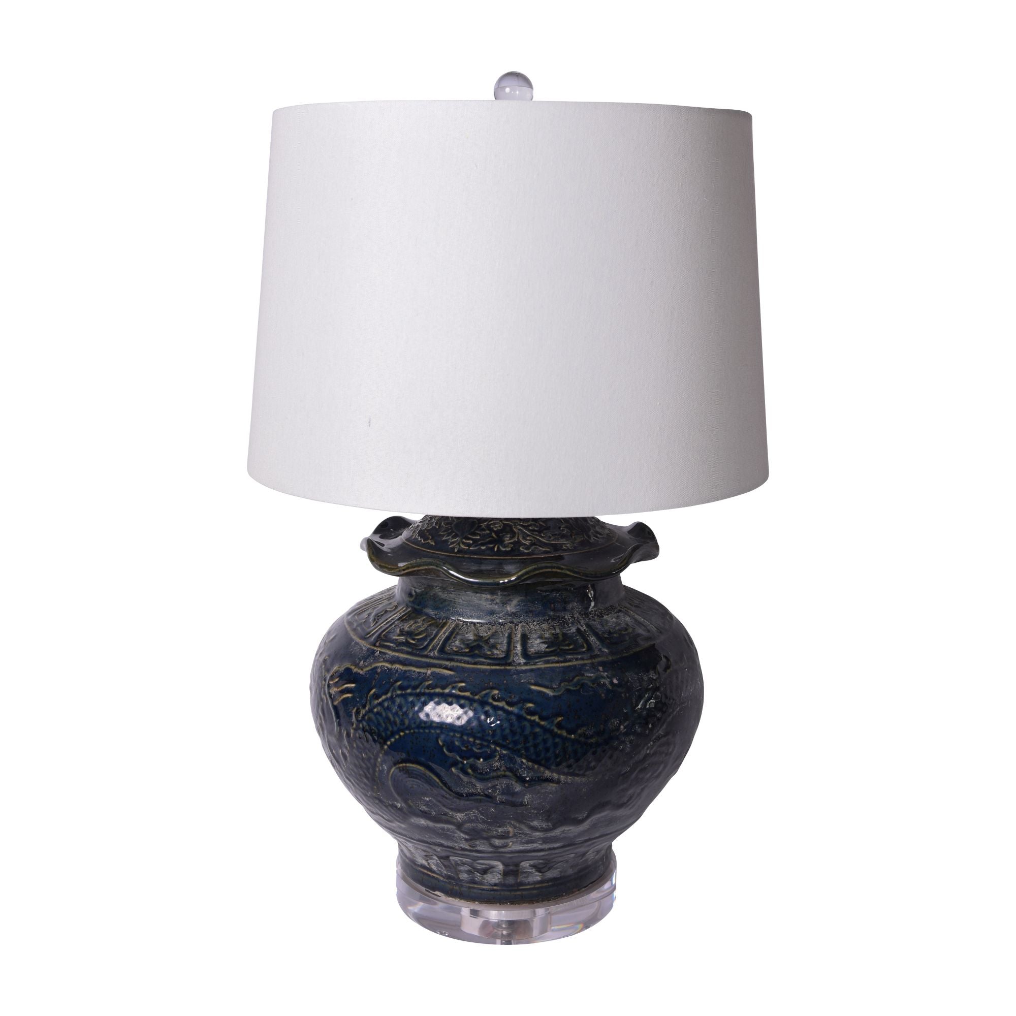Carved Dragon Lotus Jar Speckled Indigo Lamp Acrylic Base By Legends Of Asia