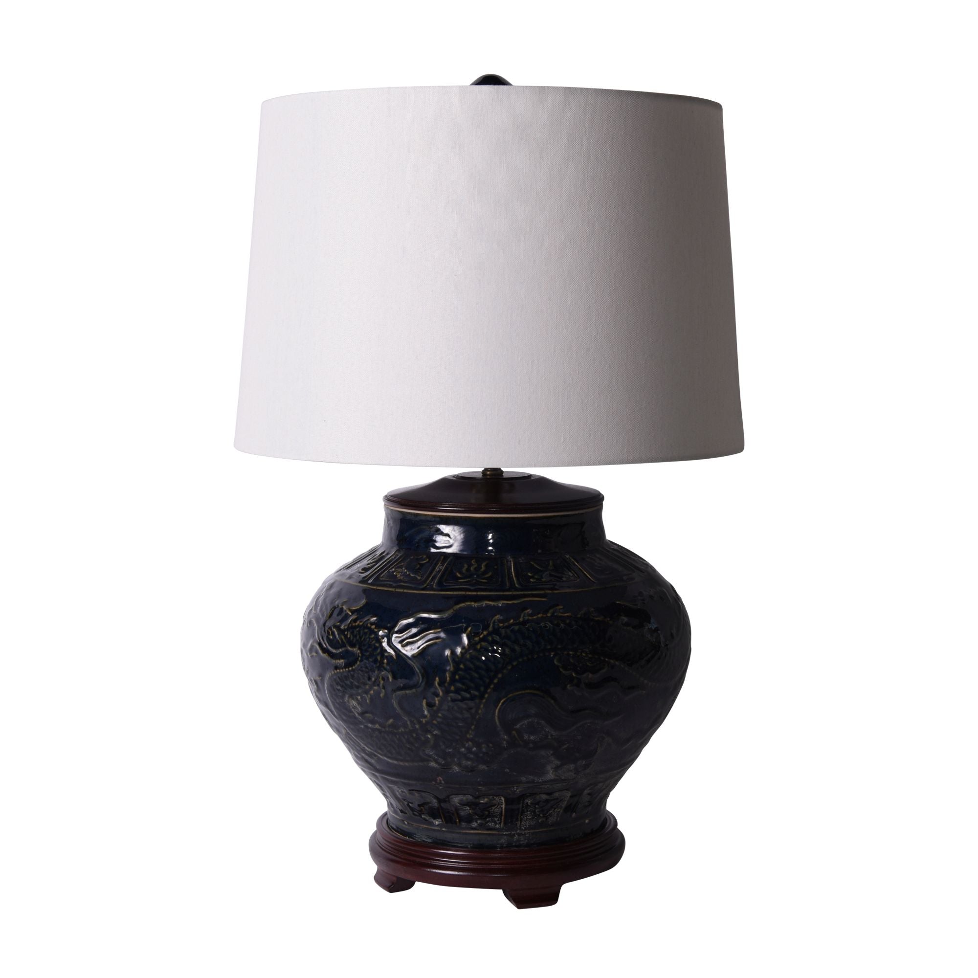 Carved Dragon Lotus Jar Speckled Indigo Lamp Wood Base By Legends Of Asia