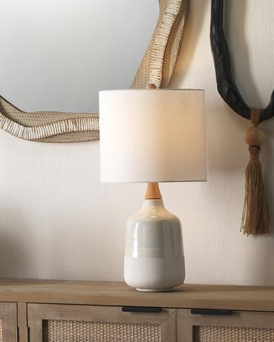 Alice Table Lamp In Cream & Light Blue Ceramic With Drum Shade In White Linen