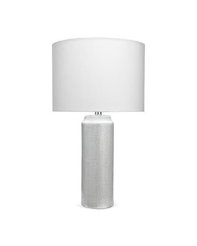 Bella Table Lamp In Light Blue Patterned Ceramic With Drum Shade In White Linen