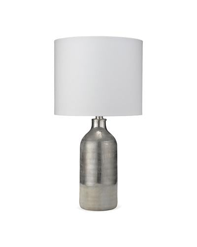 Varnish Table Lamp In Silvered Taupe & Off White Ceramic With Drum Shade In White Linen