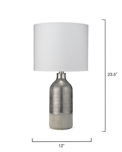 Varnish Table Lamp In Silvered Taupe & Off White Ceramic With Drum Shade In White Linen