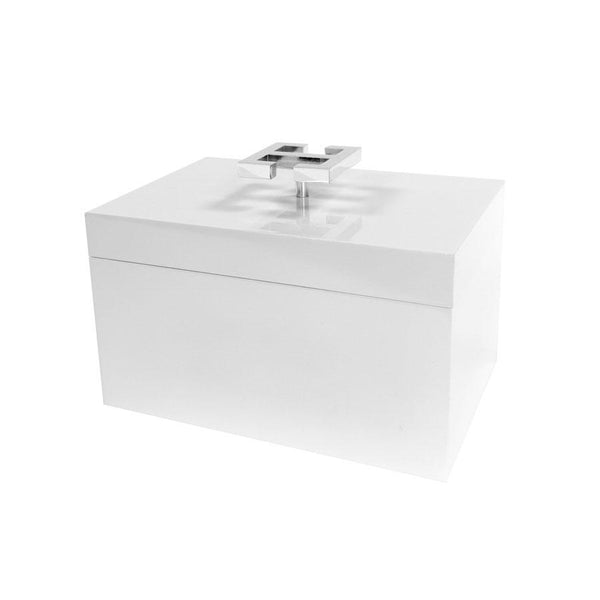 White Lacquered Box with Chrome Greek Key Handle by Square Feather