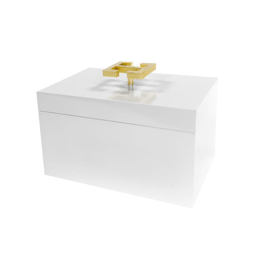 White Lacquered Box with Gold Greek Key Handle by Square Feather