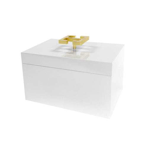 White Lacquered Box with Gold Greek Key Handle by Square Feather