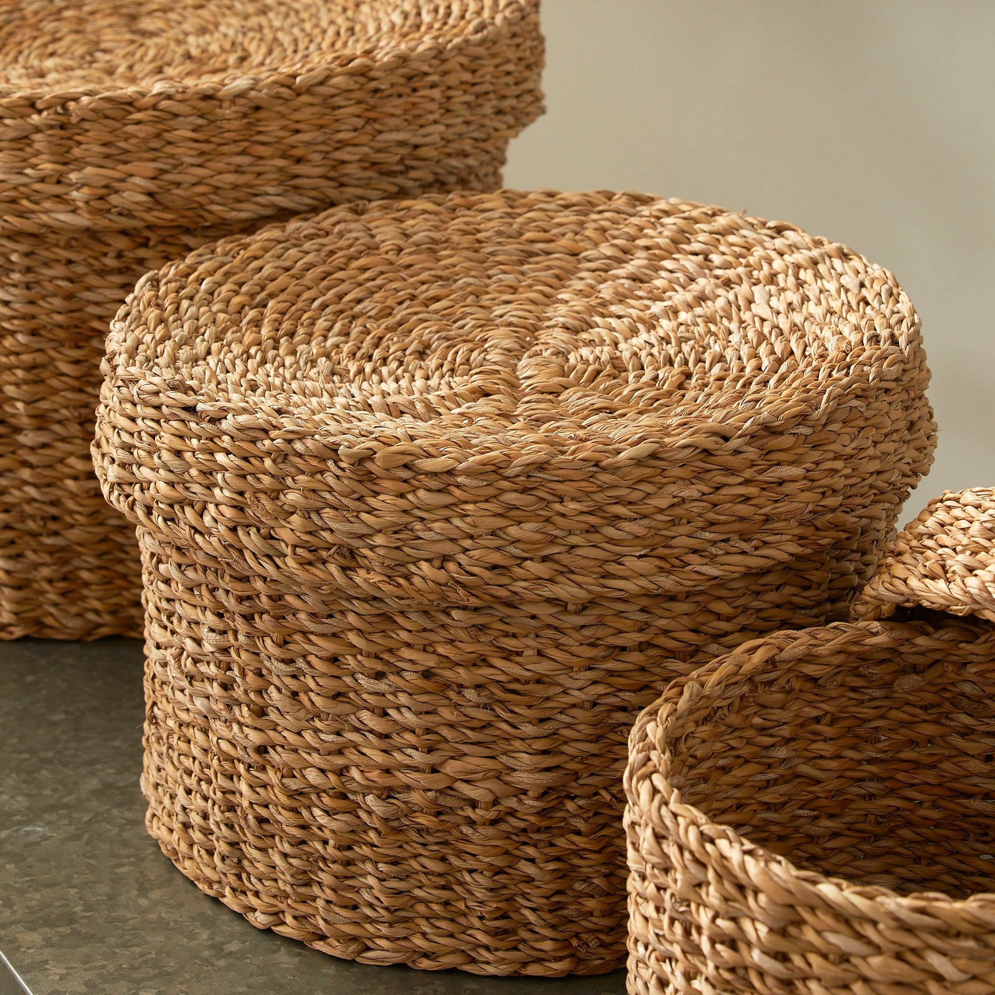 Seagrass Round Lidded Baskets, Set Of 3