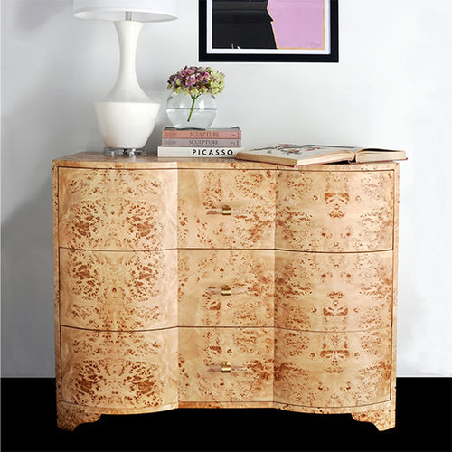 Worlds Away Plymouth Burl Wood Cabinet With Acrylic Hardware
