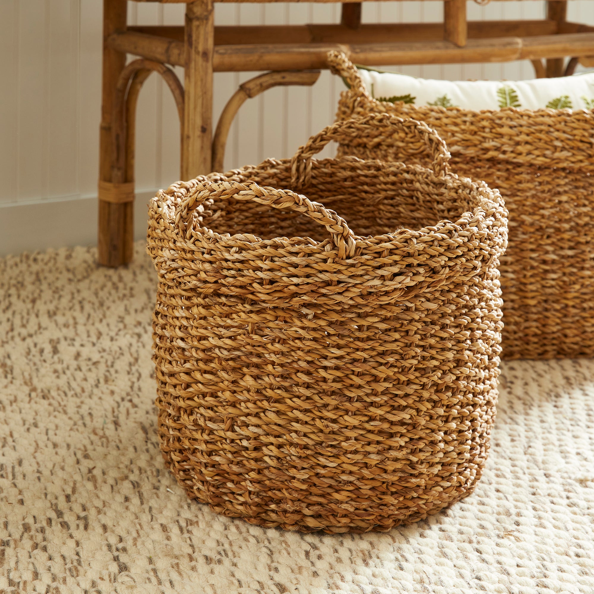 Seagrass Oval Baskets With Handles & Cuffs, Set Of 3