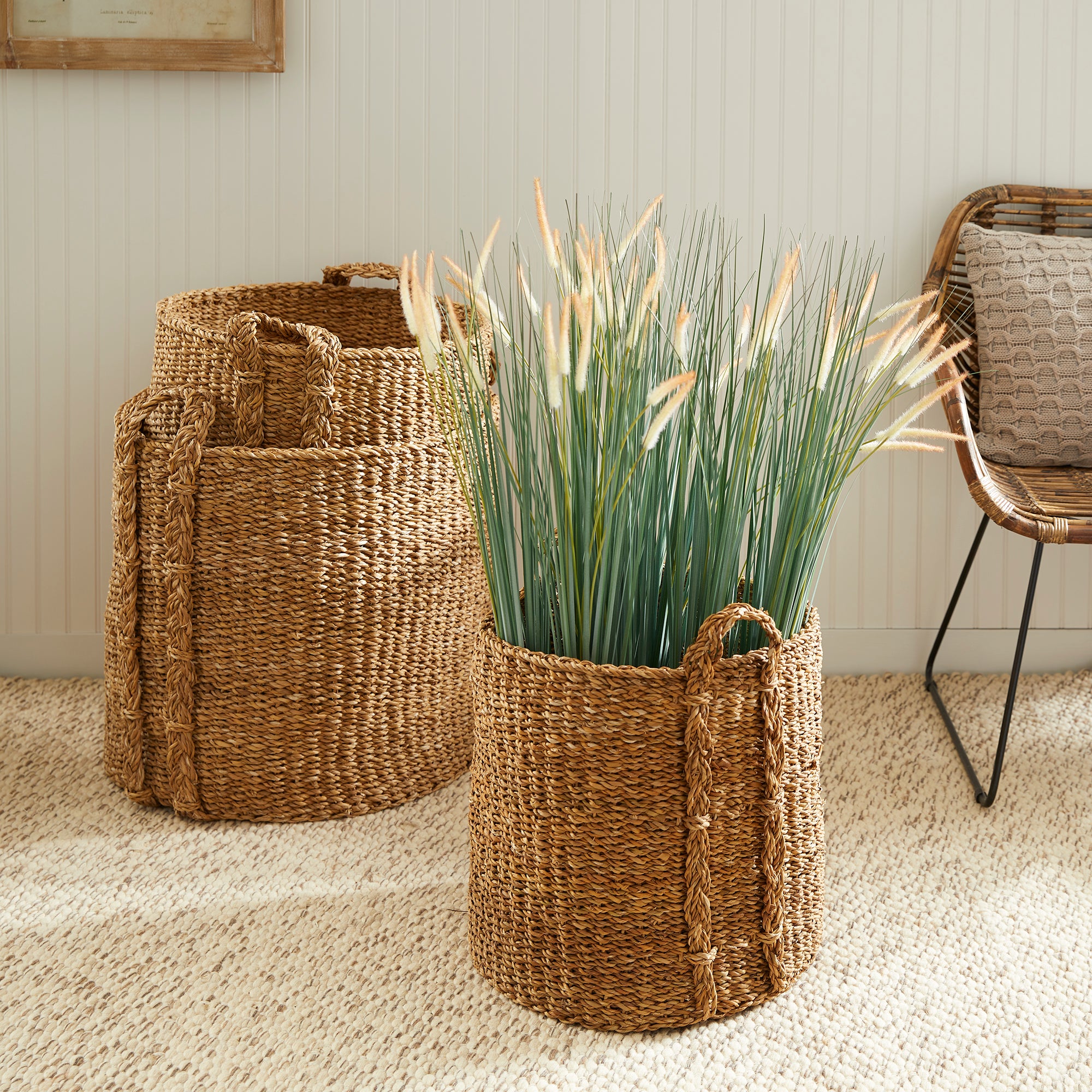 extra large woven basket for plants Seagrass Round Baskets Large, Set Of 3