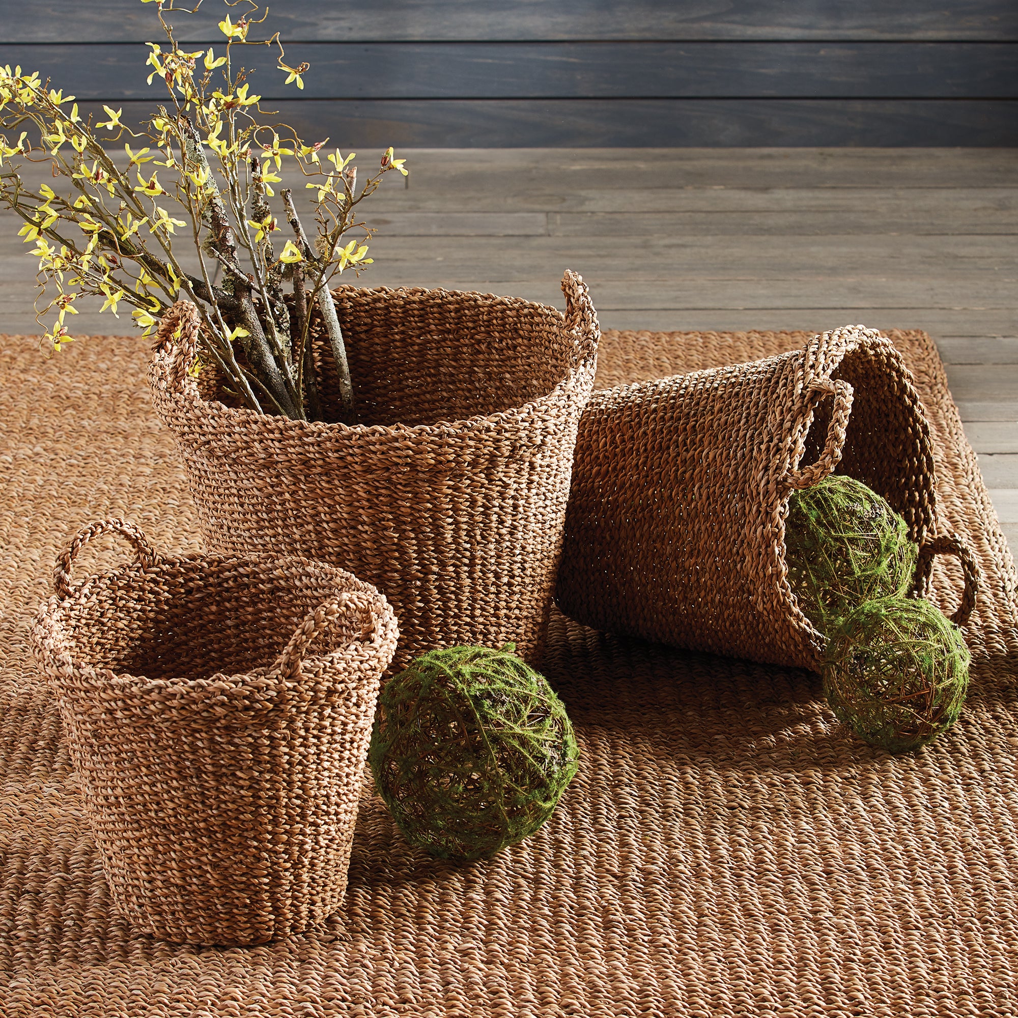 Seagrass Tapered Baskets With Handles And Cuffs, Set Of 3