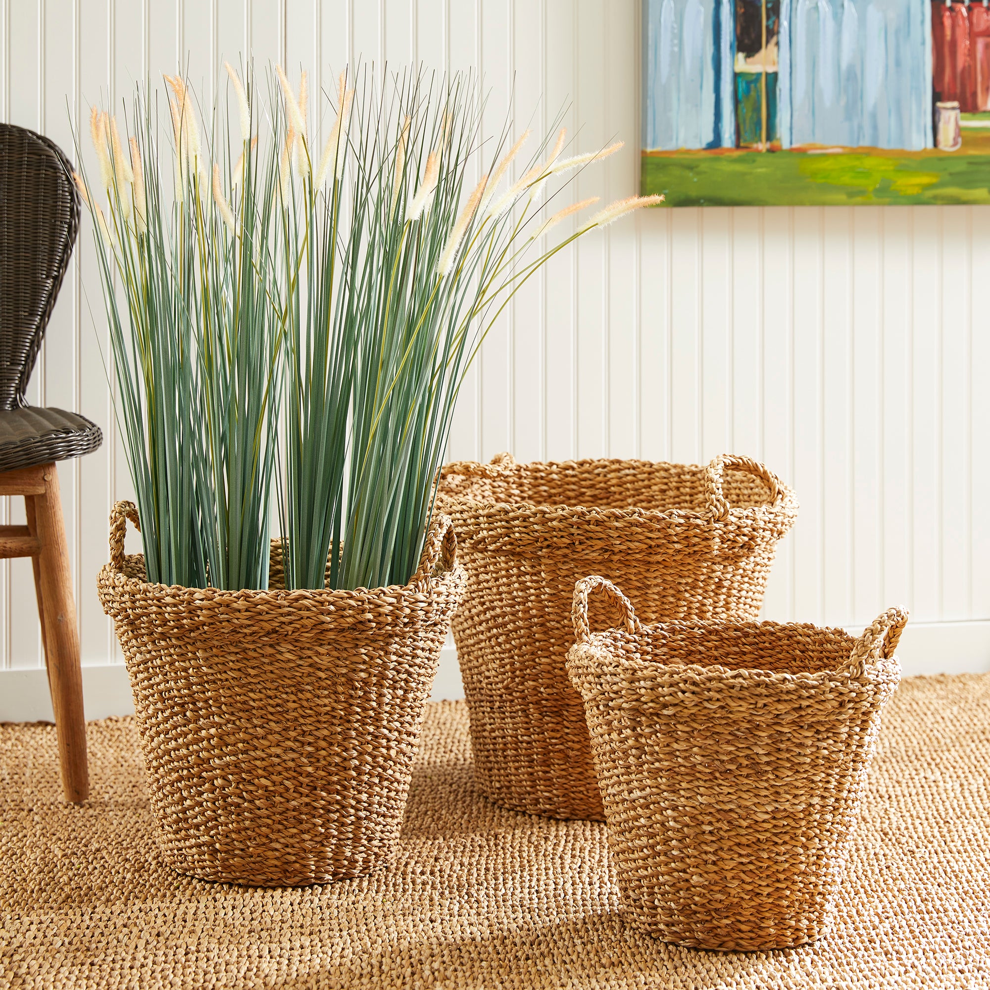 Seagrass Tapered Baskets With Handles And Cuffs, Set Of 3