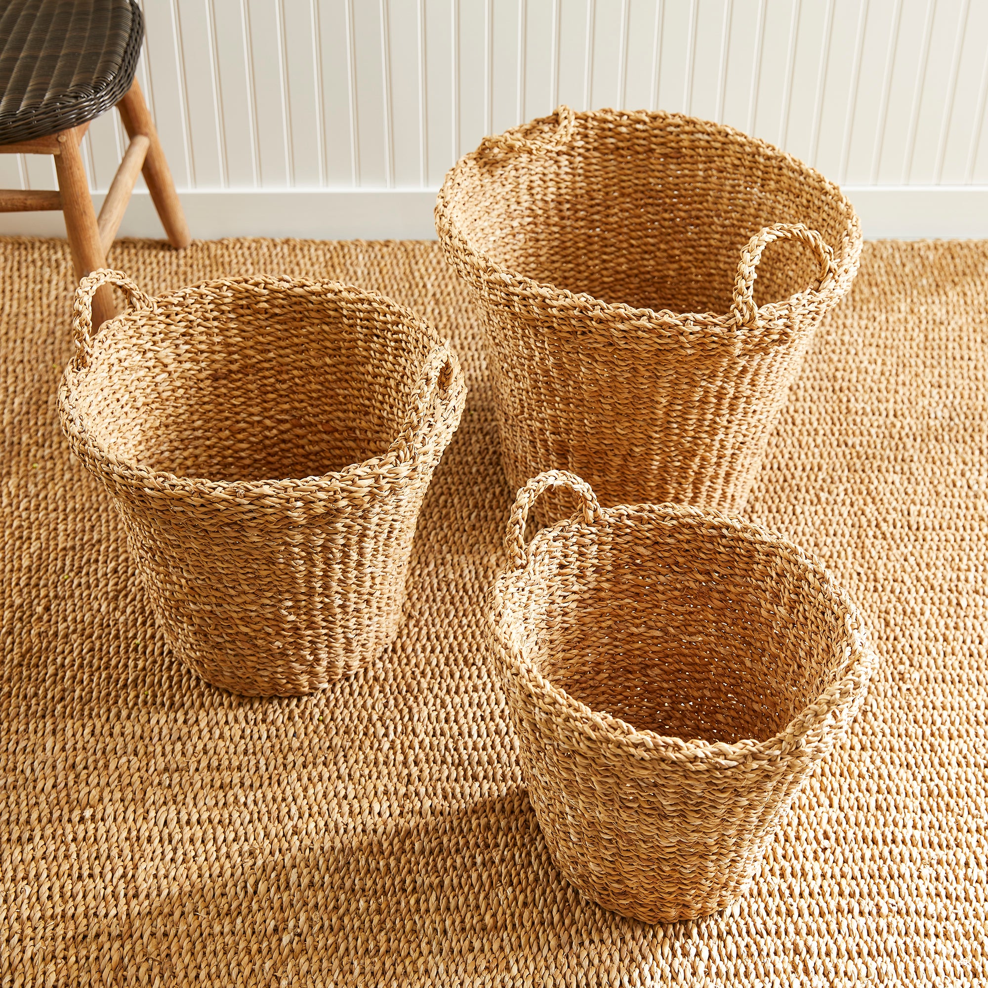 Seagrass Tapered Baskets With Handles And Cuffs, Set Of 3