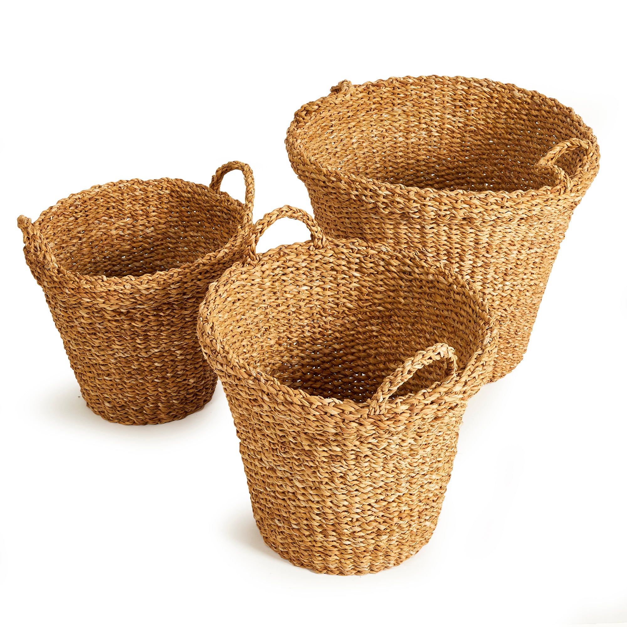 Seagrass Tapered Baskets With Handles And Cuffs, Set Of 3