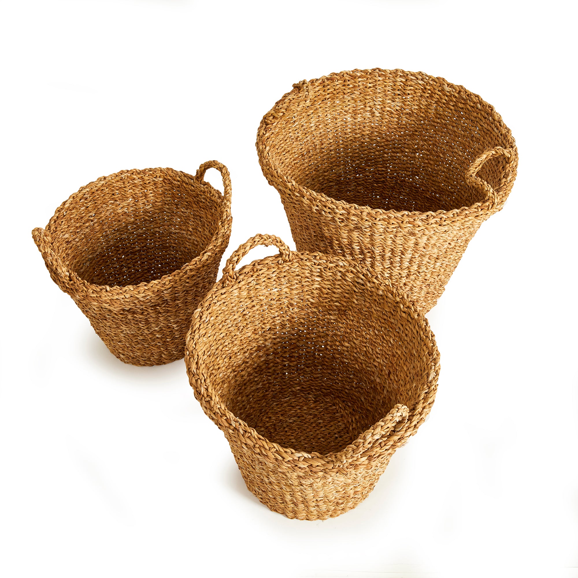 Seagrass Tapered Baskets With Handles And Cuffs, Set Of 3