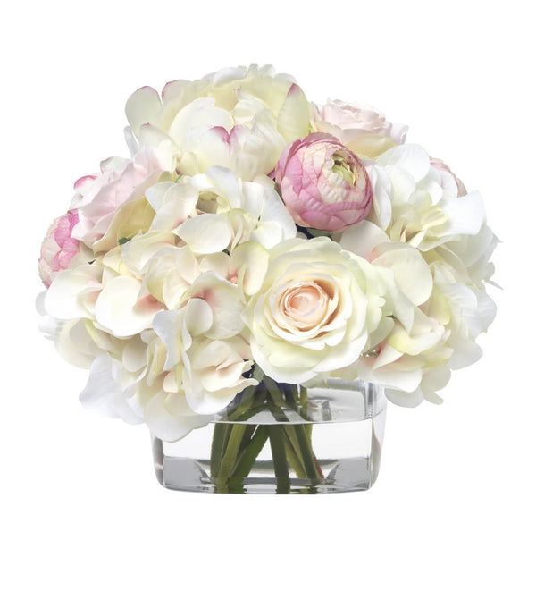 Diane James Pink and White Hydrangea Bouquet in Glass Cube
