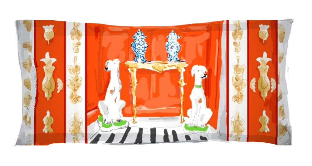 Dana Gibson Dog Lumbar Pillow in Orange-Red