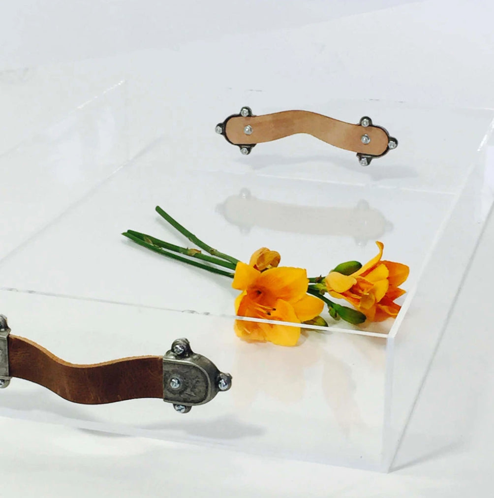 Acrylic Serving Tray with Leather Handles by Jamie Dietrich