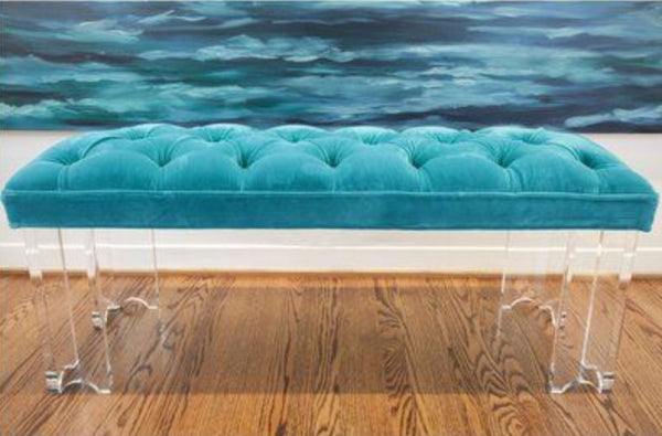 Arched Acrylic Bench with Turquoise Velvet Upholstery by Jamie Dietrich Designs