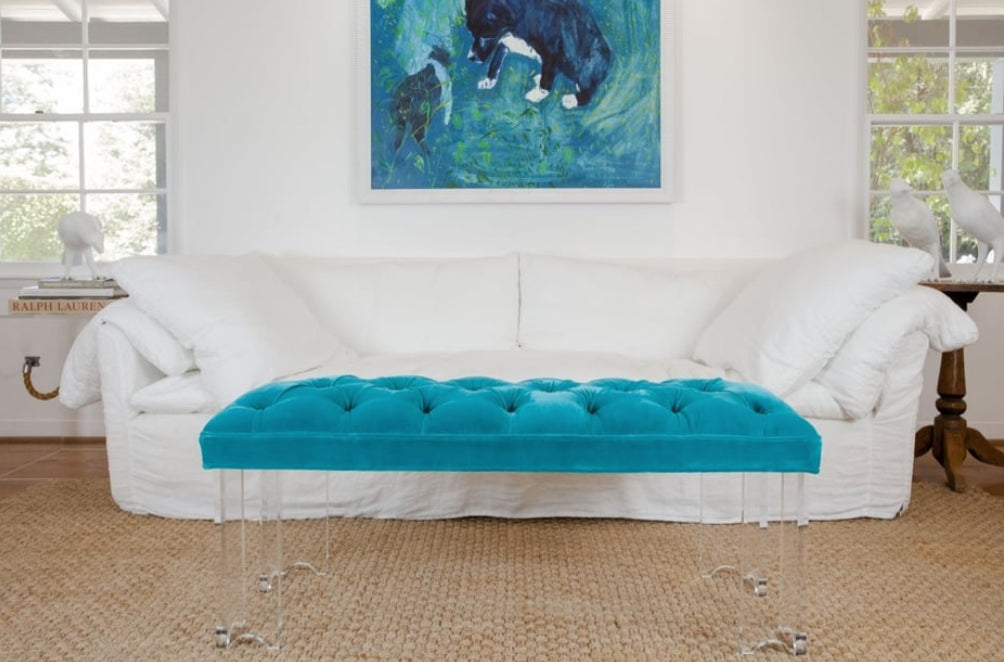 Arched Acrylic Bench with Turquoise Velvet Upholstery by Jamie Dietrich Designs