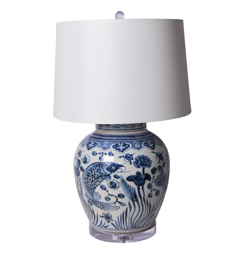 Blue and White Porcelain Table Lamp With Ancestor Fish Design by Legend of Asia