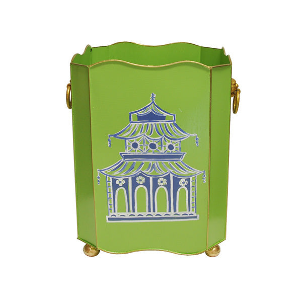 Worlds Away Lion Handles Square Wastebasket in Green Pagoda