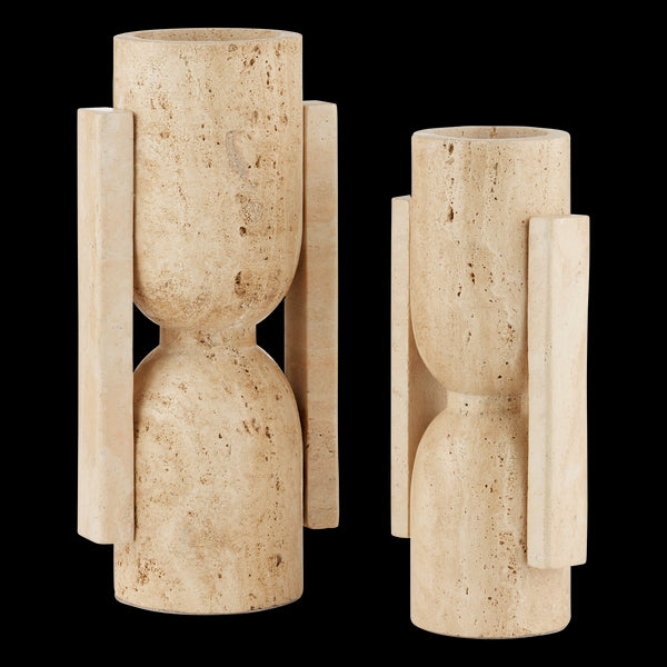 Currey & Company Travertine Stone Vase Face To Face Set Of 2