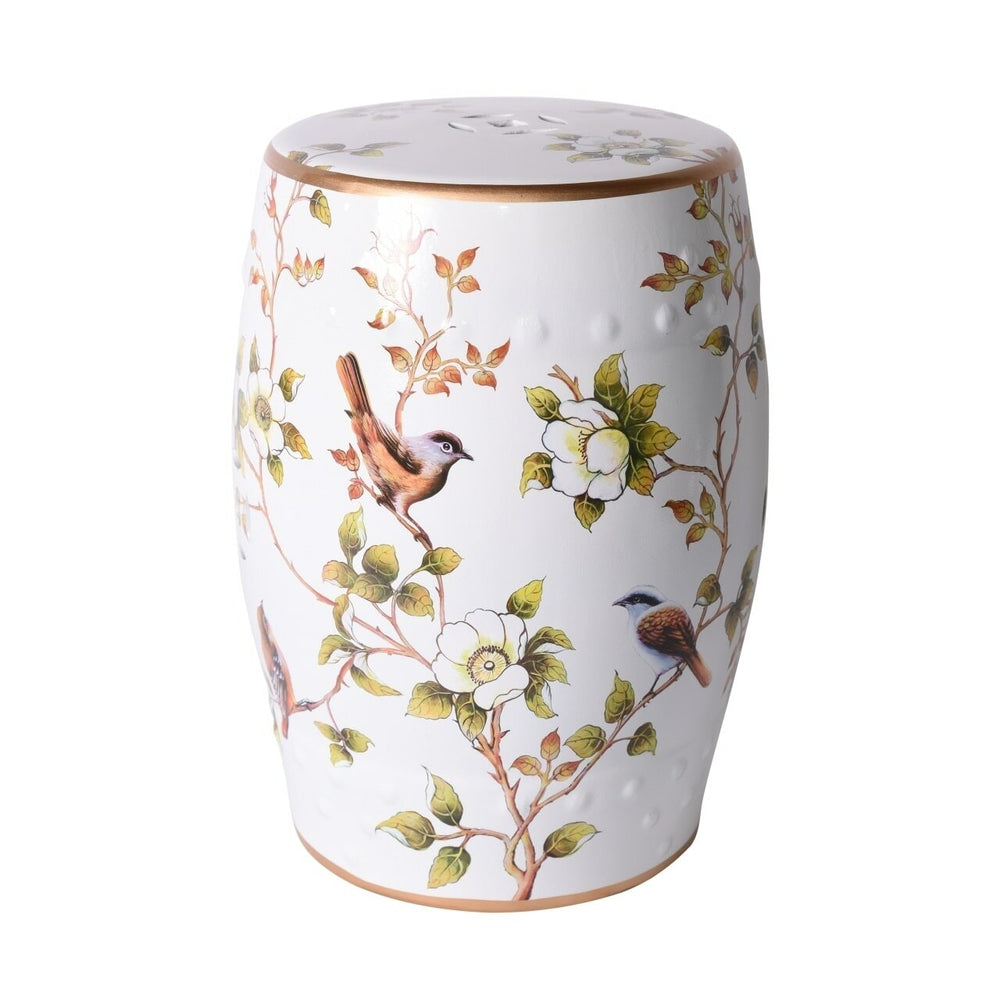 Cream White Garden Stool With Flower and Birds, Legend of Asia