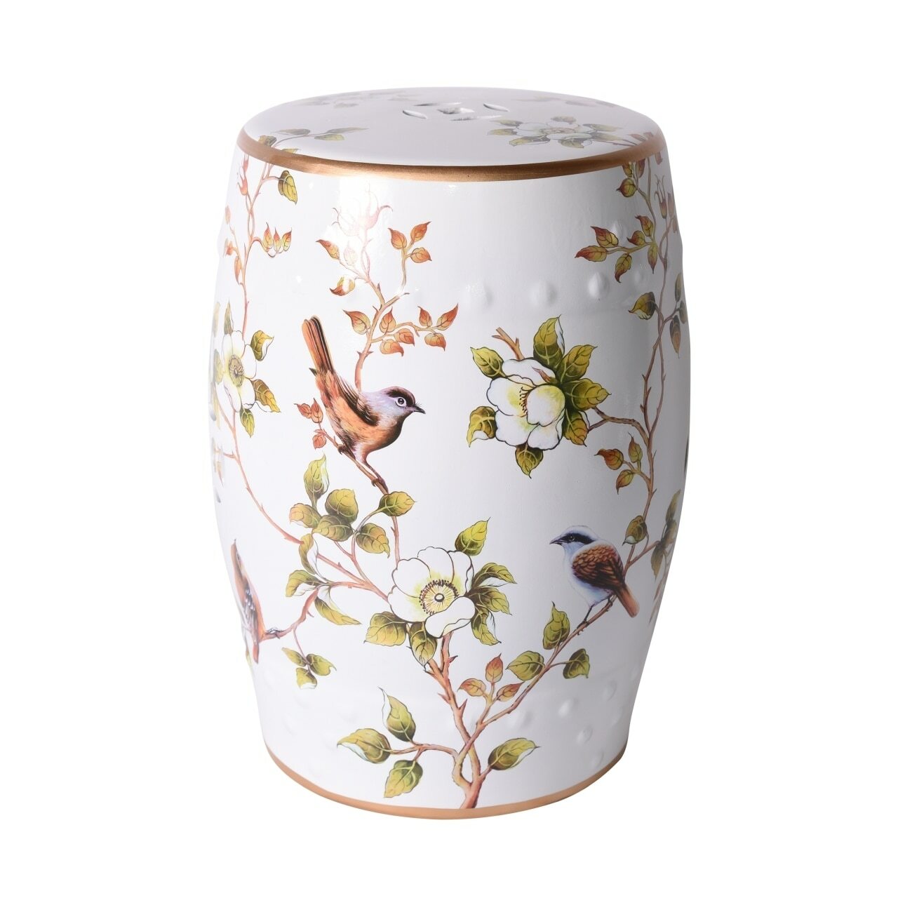 Cream White Garden Stool With Flower and Birds, Legend of Asia