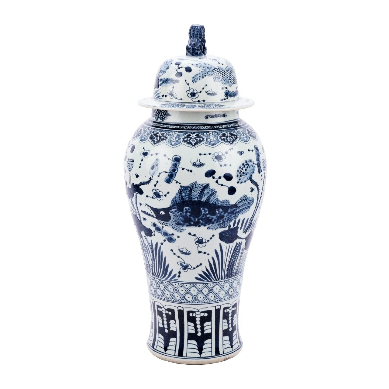 Legend of Asia Blue & White Fish Temple Lion Lid Porcelain Jar