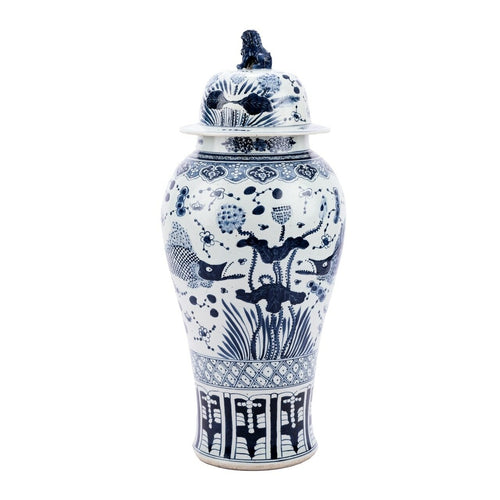 Legend of Asia Blue & White Fish Temple Lion Lid Porcelain Jar