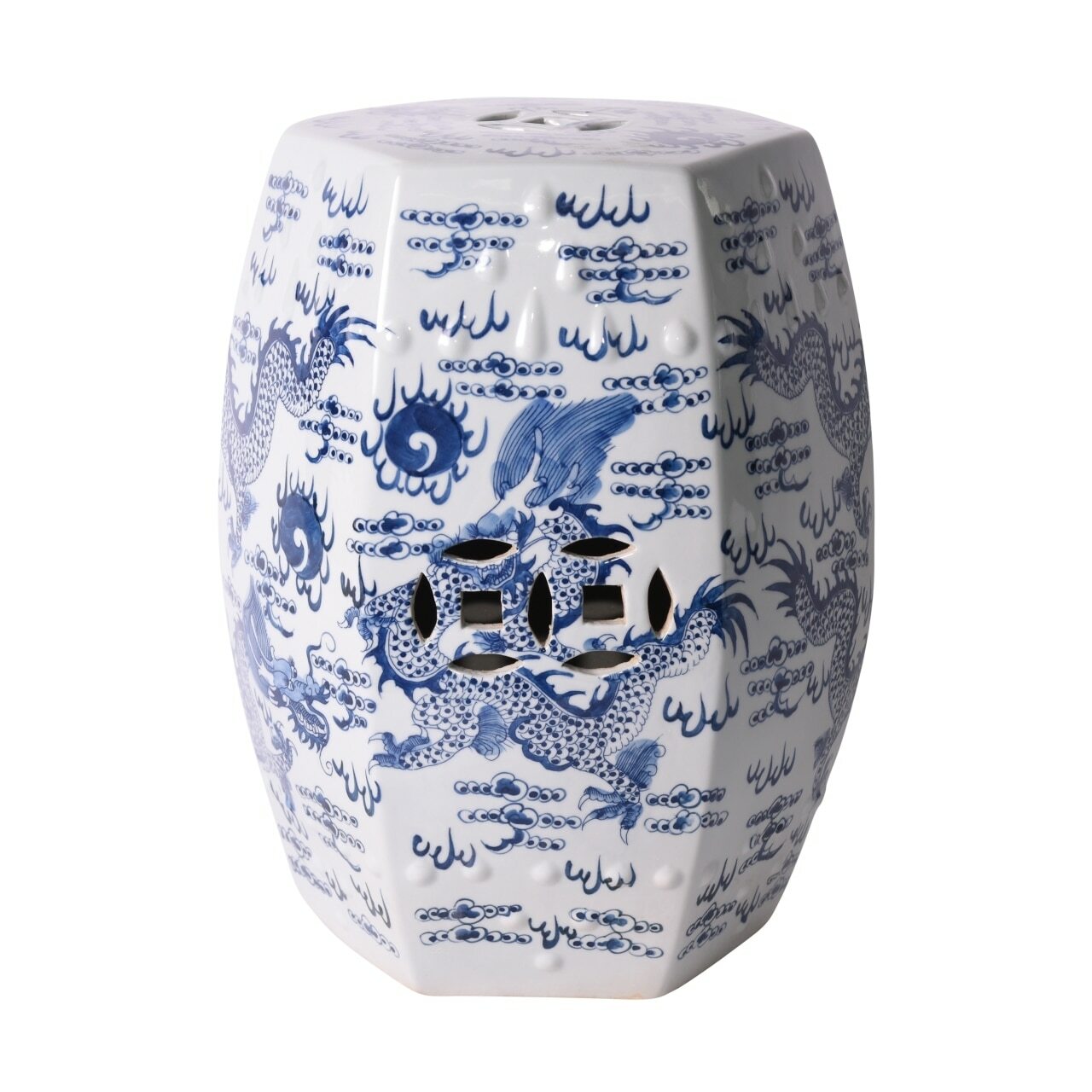 Blue & White Hex Fire Ball Dragon Garden Stool