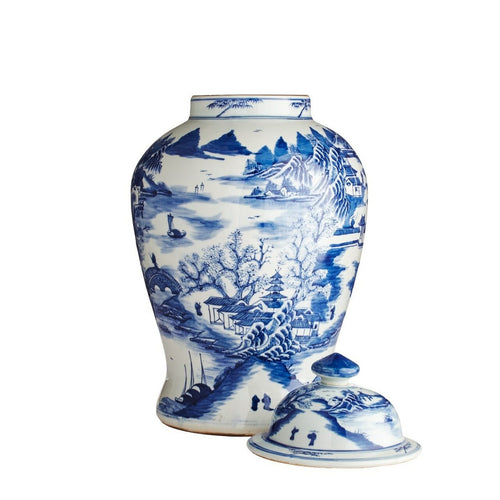 Blue And White Porcelain Temple Jar Mountain Village Scene