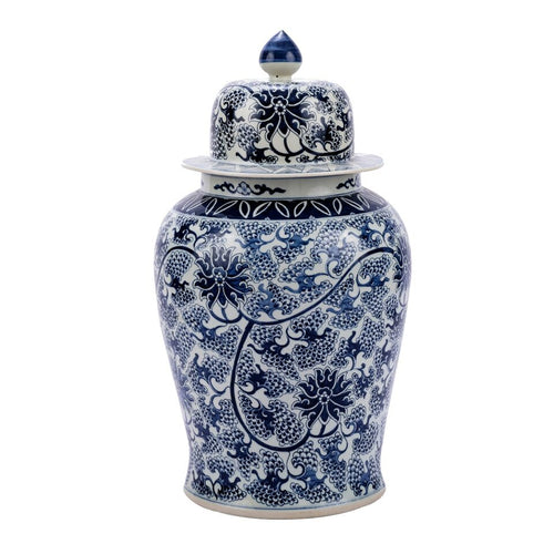 Blue & White Peacock Lotus Porcelain Temple Jar by Legend of Asia