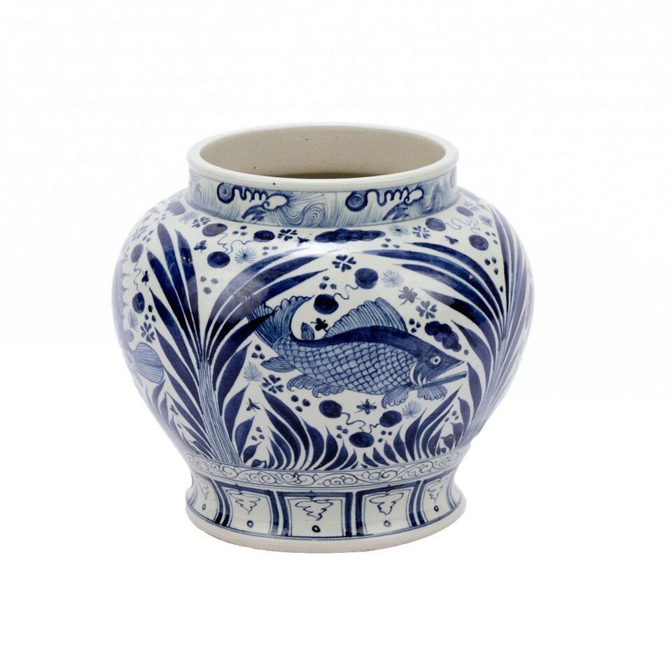 Blue and White Open Top Fish Jar By Legends Of Asia