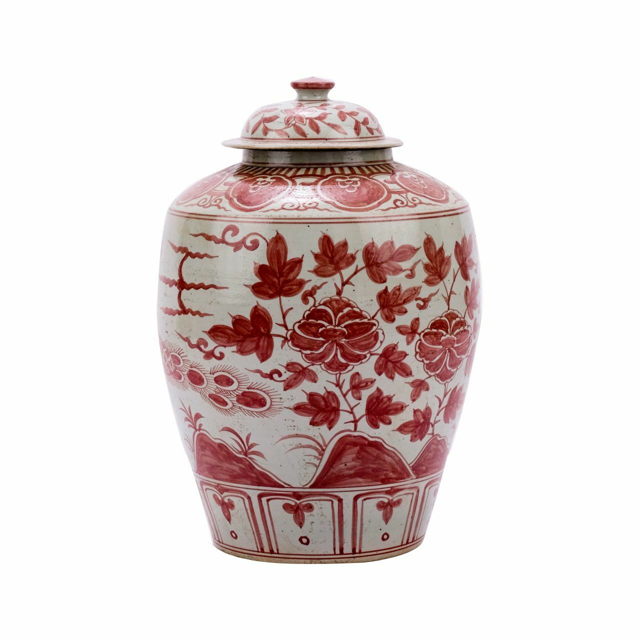 Coral Red Barn Porcelain Jar Bird Motif Large Vase