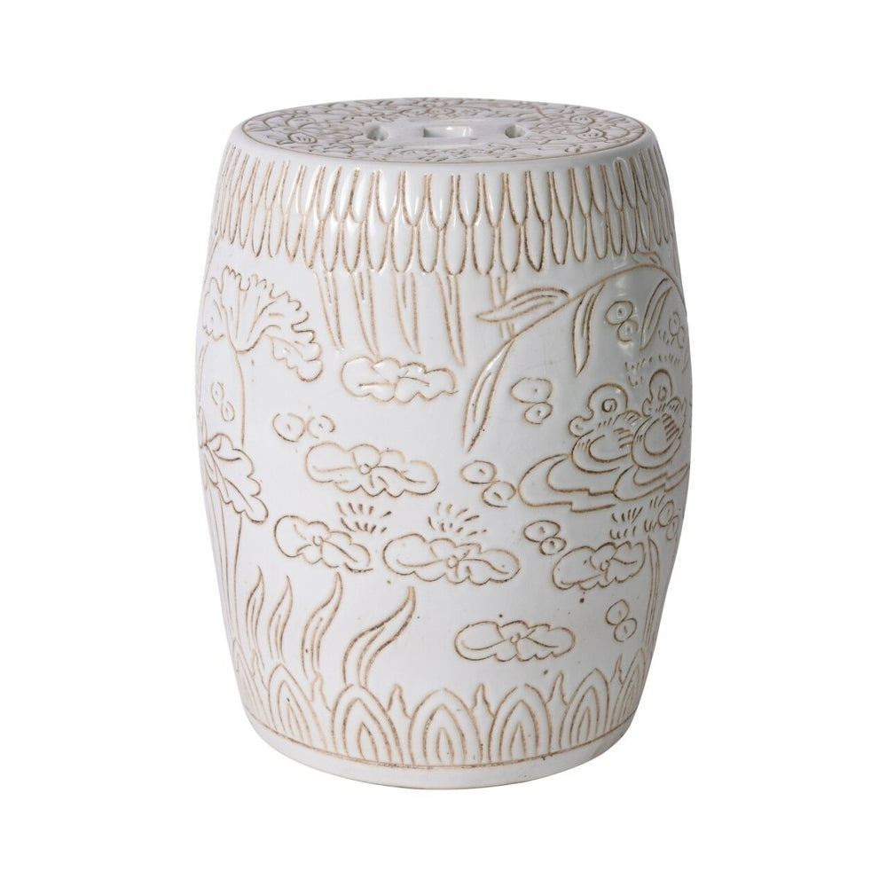 Matte White Carved Mandarin Duck Garden Stool