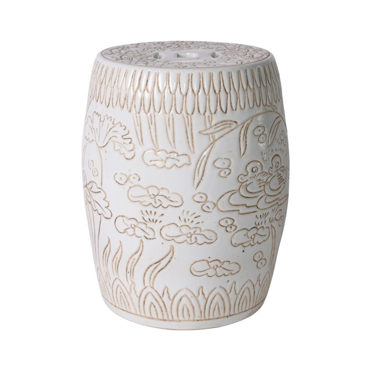 Matte White Carved Mandarin Duck Garden Stool