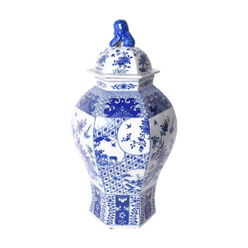 Blue & White Hexagonal Floral Bird Medallion Temple Jar By Legends Of Asia